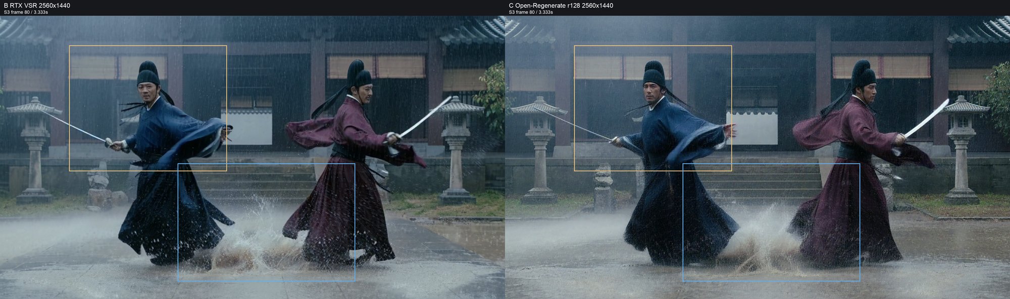 Scene S3 at 2K, two fighters clashing in the rain: RTX VSR on the left keeps the draft's splash outline but looks coarser, regenerate on the right shows sharper faces, fabric and rain with a re-shaped splash and an open-palm hand