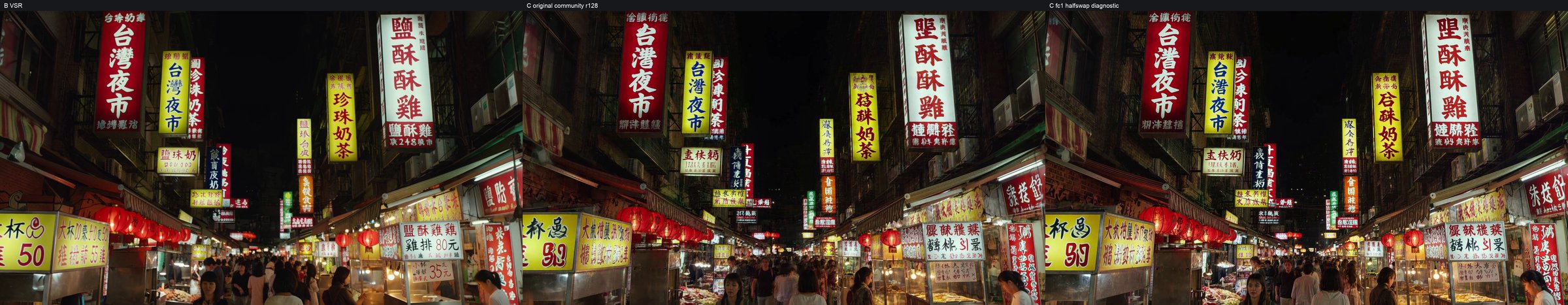 Three columns of the S2 night market: RTX VSR, the original r128 conversion, and the r128 conversion with fc1 halves swapped, where the small signs are rewritten the same way in both regenerate versions
