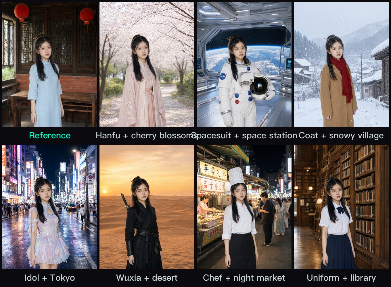Two-by-four grid: the reference top-left, then the same woman in Hanfu on a cherry-blossom path, a spacesuit in a space station, a coat in a snowy village, an idol costume on a Tokyo street, a wuxia outfit in the desert, a chef jacket at a night market, and a school uniform in a library