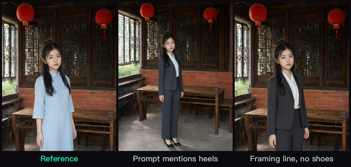 Three panels: the reference; the suit edit when the prompt mentioned heels and had no framing line, pulled back to a full-body shot; the suit edit with the framing line and no shoes, matching the reference position and size