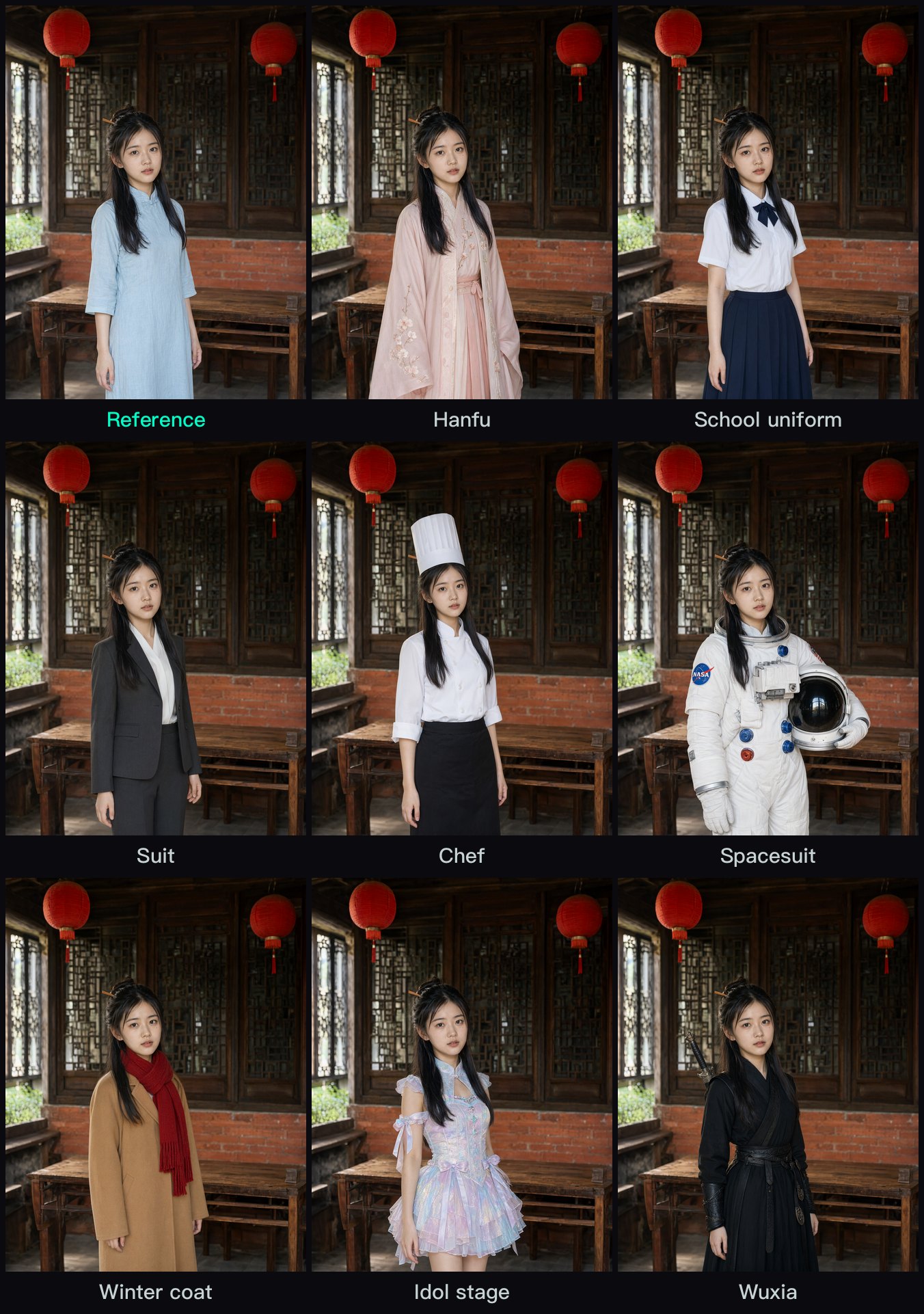 Three-by-three grid: the reference image top-left and eight outfit edits of the same woman in the same tea house