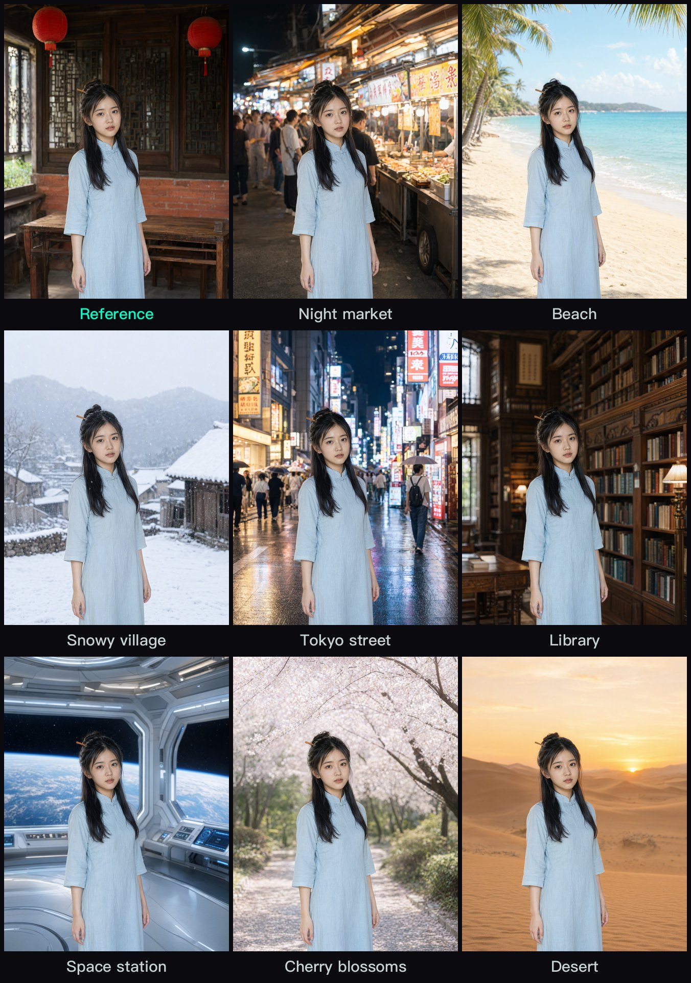 Three-by-three grid: the same woman in the pale-blue qipao placed in eight different locations