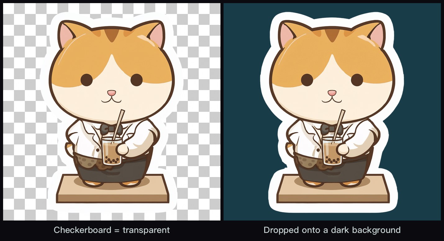The cat barista sticker shown on a checkerboard and on a dark teal background, with no white fringe at the edges