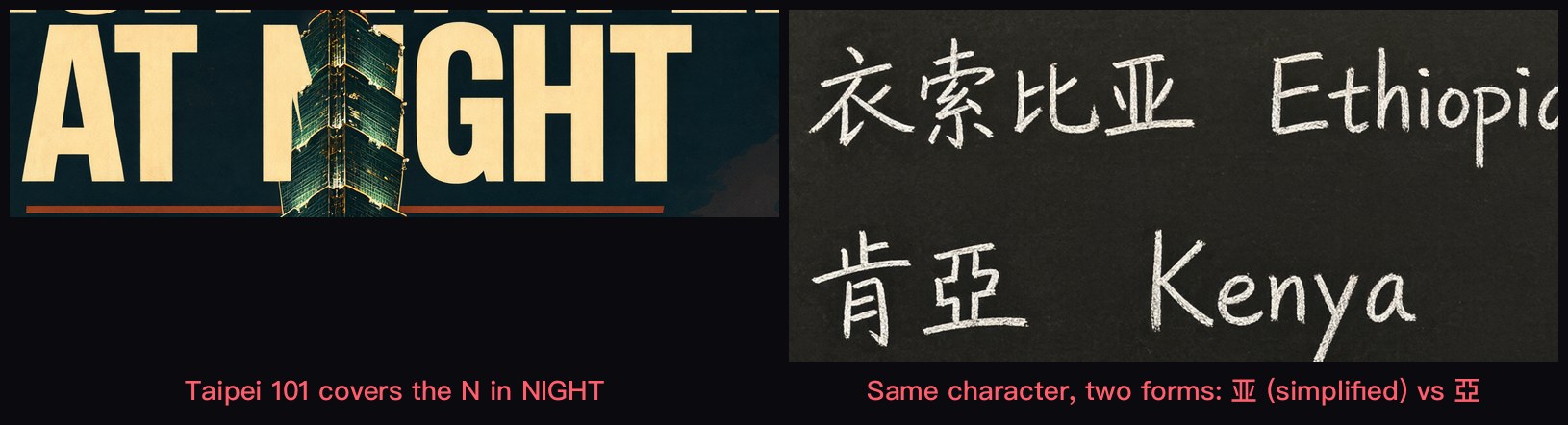 Two crops: the poster headline with the N in NIGHT hidden behind Taipei 101, and the menu lines showing 亚 next to 亞