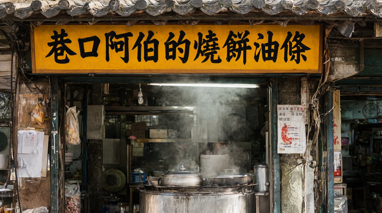 A street-food stall photo with a shop sign reading 巷口阿伯的燒餅油條, every character correct