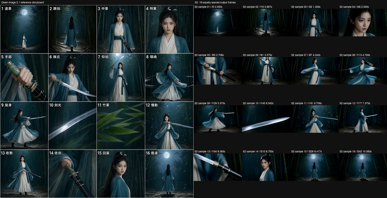 Run S2: 16 video frames next to the 16 Qwen-Image storyboard panels, matching 14 of 16; the panels carry Traditional Chinese shot numbers and camera words