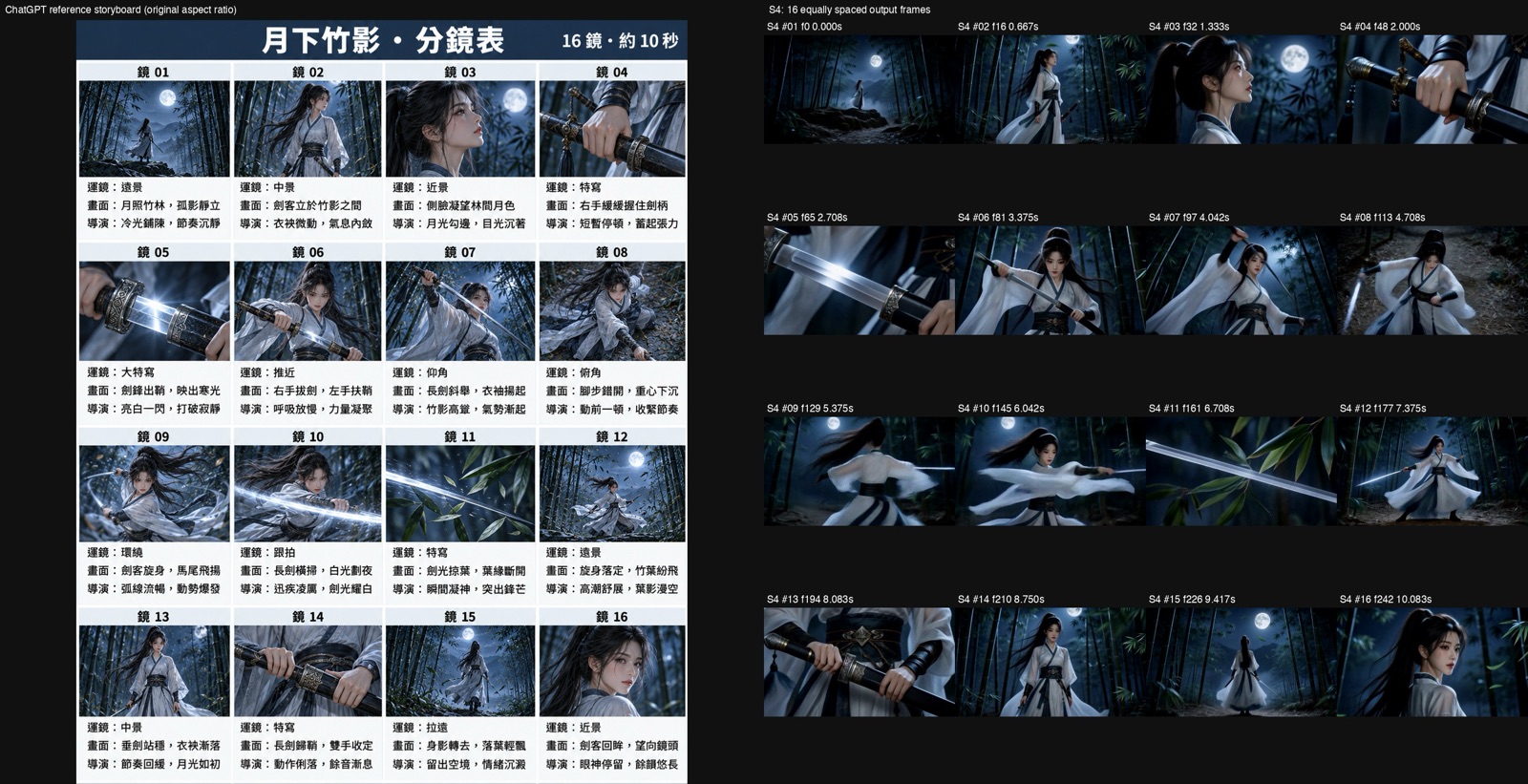 Run S4: 16 video frames next to the 16 ChatGPT storyboard panels, matching 12 of 16; the panels carry Traditional Chinese notes