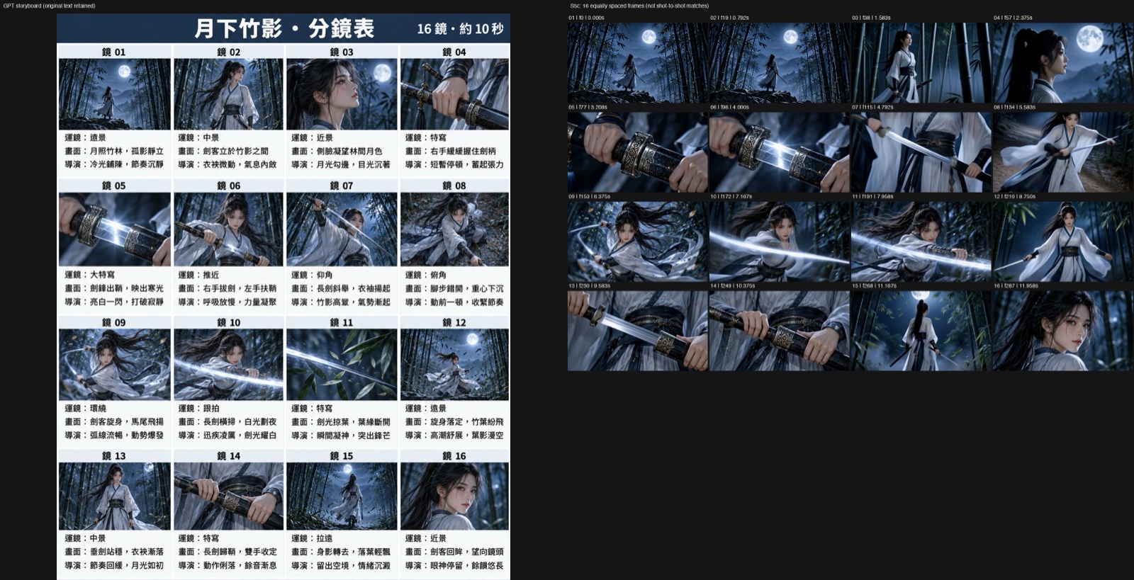 Run S5c: video frames next to the storyboard panels, matching 13 of 16, including the most complete sheathing in panel 14; the panels carry Traditional Chinese notes