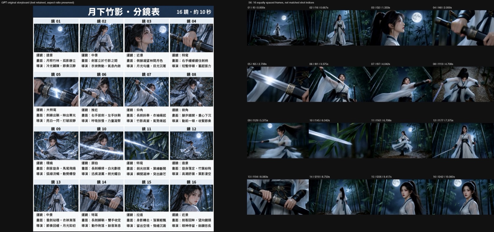 Run S6: 16 video frames next to the 16 ChatGPT storyboard panels, matching 13 of 16, with the crouch in panel 8 and the dark scabbard in panel 15; the panels carry Traditional Chinese notes