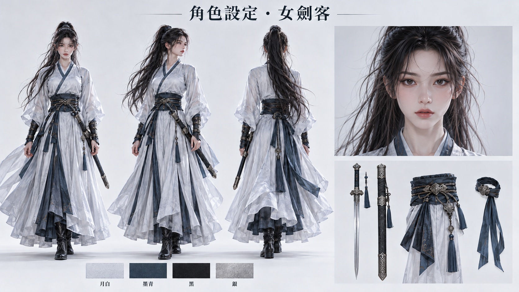 The ChatGPT character sheet: front, three-quarter and back views of the swordswoman, a face close-up, her sword and accessories, and a color palette, with a Traditional Chinese title