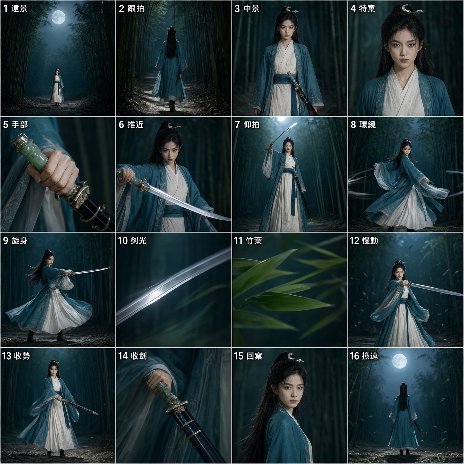 The Qwen-Image 2.1 storyboard: a 4 by 4 grid of the same story with only a panel number and one short camera word in each panel