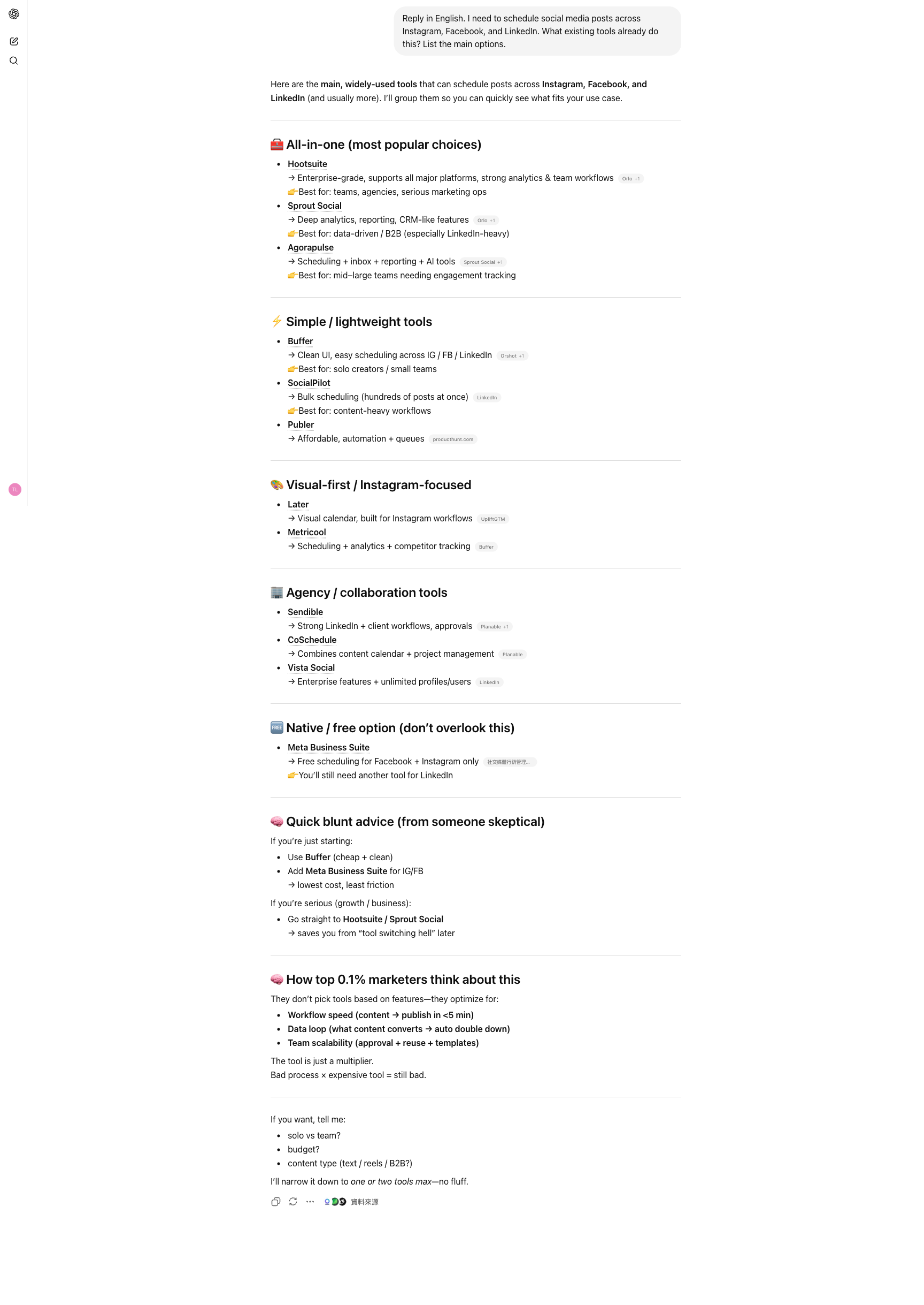 ChatGPT listing social media scheduling tools — Buffer, Hootsuite, Sprout Social, Later, and more