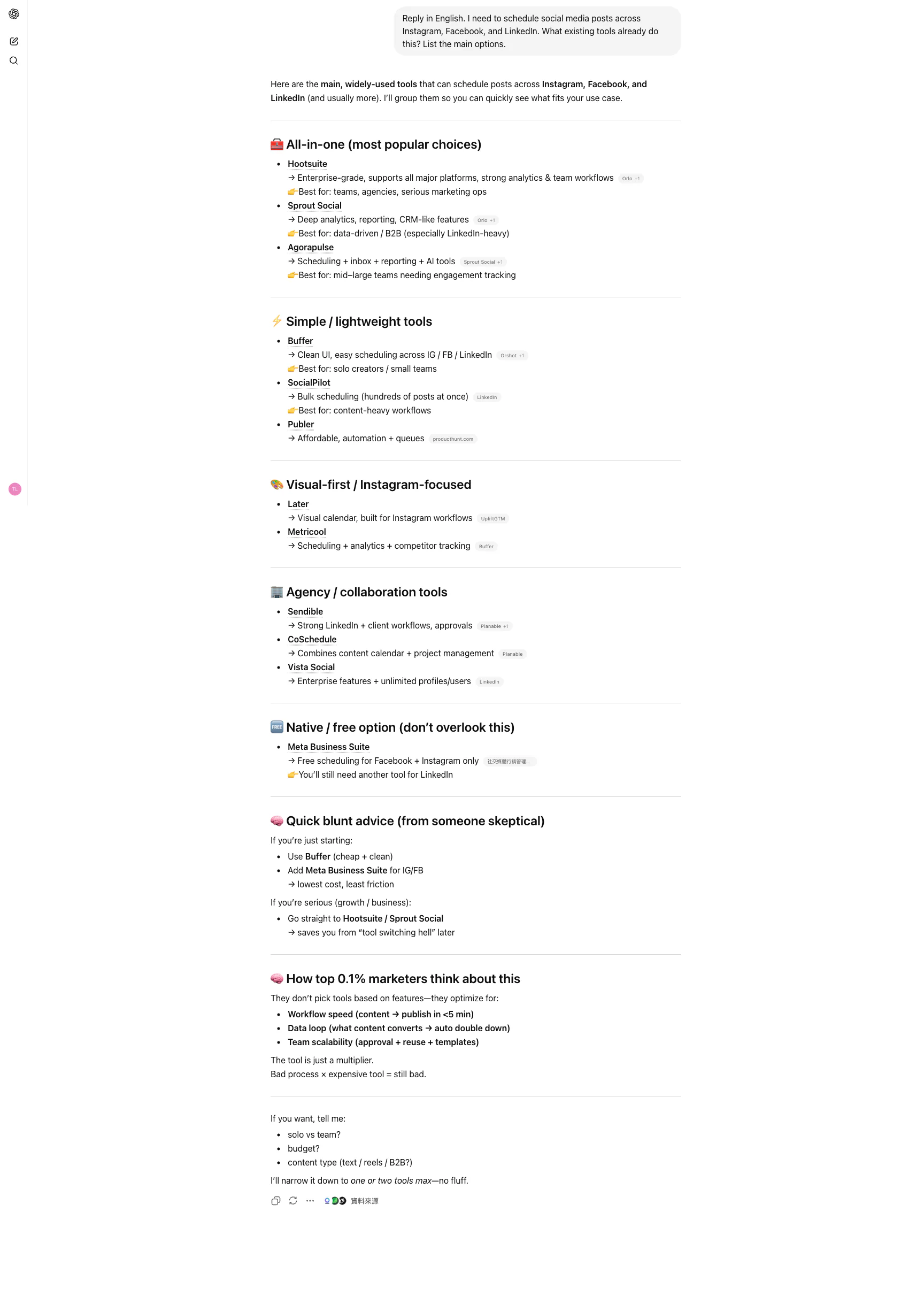 ChatGPT listing social media scheduling tools — Buffer, Hootsuite, Sprout Social, Later, and more