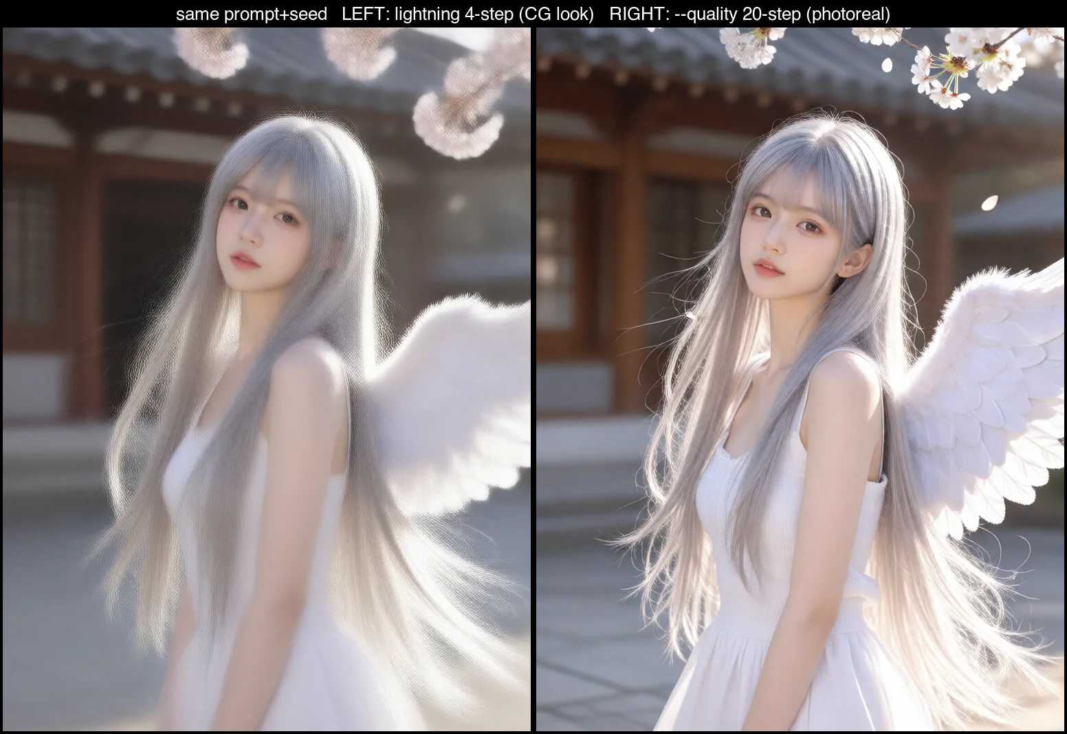 Same prompt and seed; left is lightning (CG-ish), right is full steps with skin and lighting back