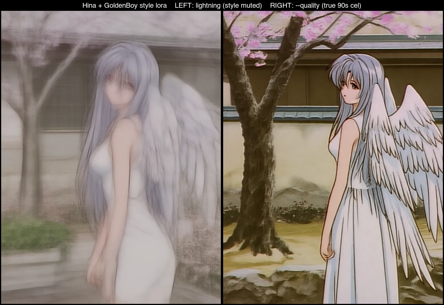 Same anime style LoRA stacked; left on lightning the style doesn't show, right at full steps is real cel animation