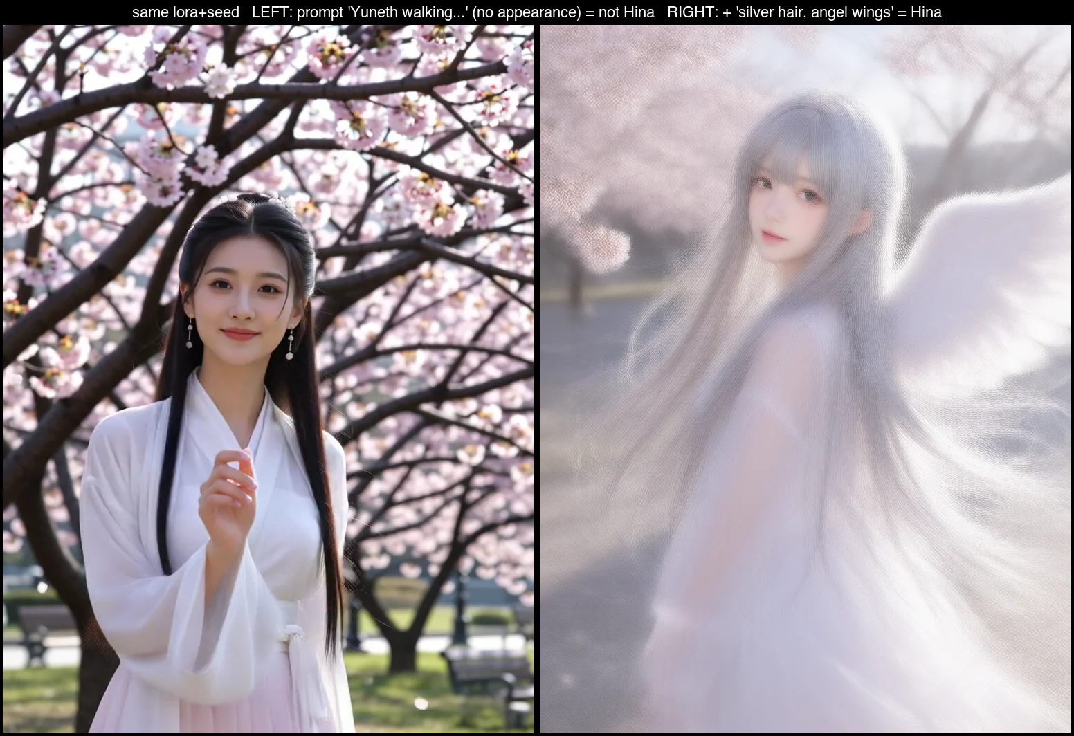 Same LoRA and seed; left is trigger word only → not the character, right adds "silver hair + wings" → she's back