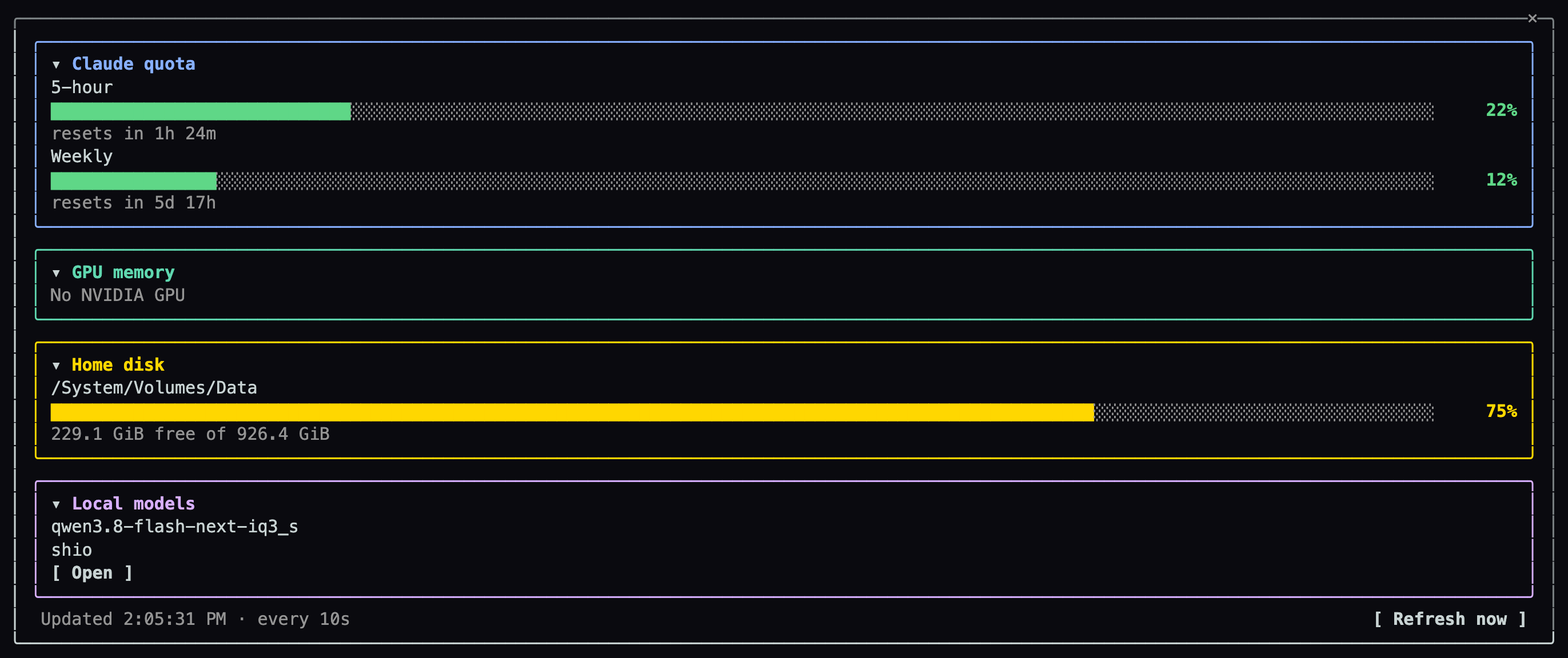The my-dash pane after six prompts plus a styling prompt: four rounded cards with colored titles, blue for Claude quota, green for GPU memory, yellow for home disk, purple for local models. Quota bars are green, the disk bar is yellow, percentages sit in a right-aligned column, and a dim last-updated line and a Refresh now button run along the bottom.