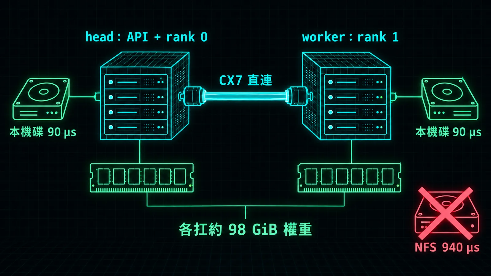 示意圖：head 跑 API 和 rank 0，worker 跑 rank 1，兩台各扛約 98 GiB 權重，用 CX7 直連交換計算結果；權重放各自的本機碟(隨機讀取約 90 µs)，不走 NFS(約 940 µs)
