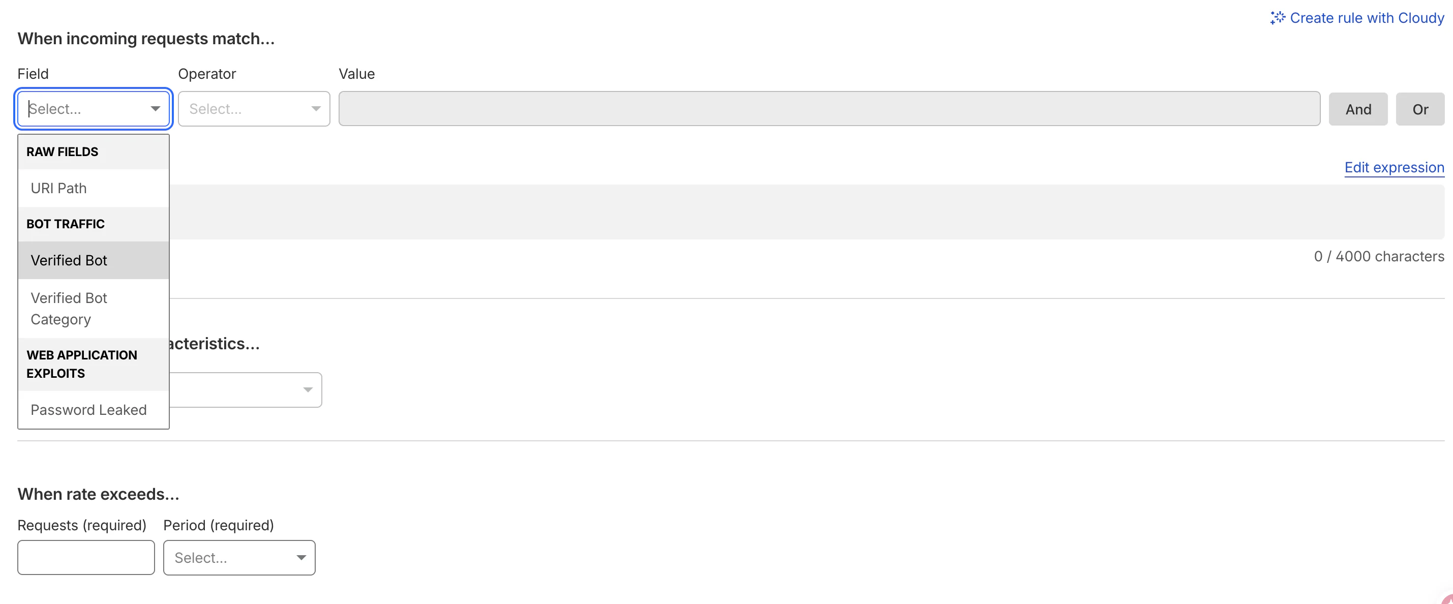 Cloudflare free-tier rate-limit expression builder, with the Field dropdown open showing no Hostname option — only URI Path and Verified Bot choices