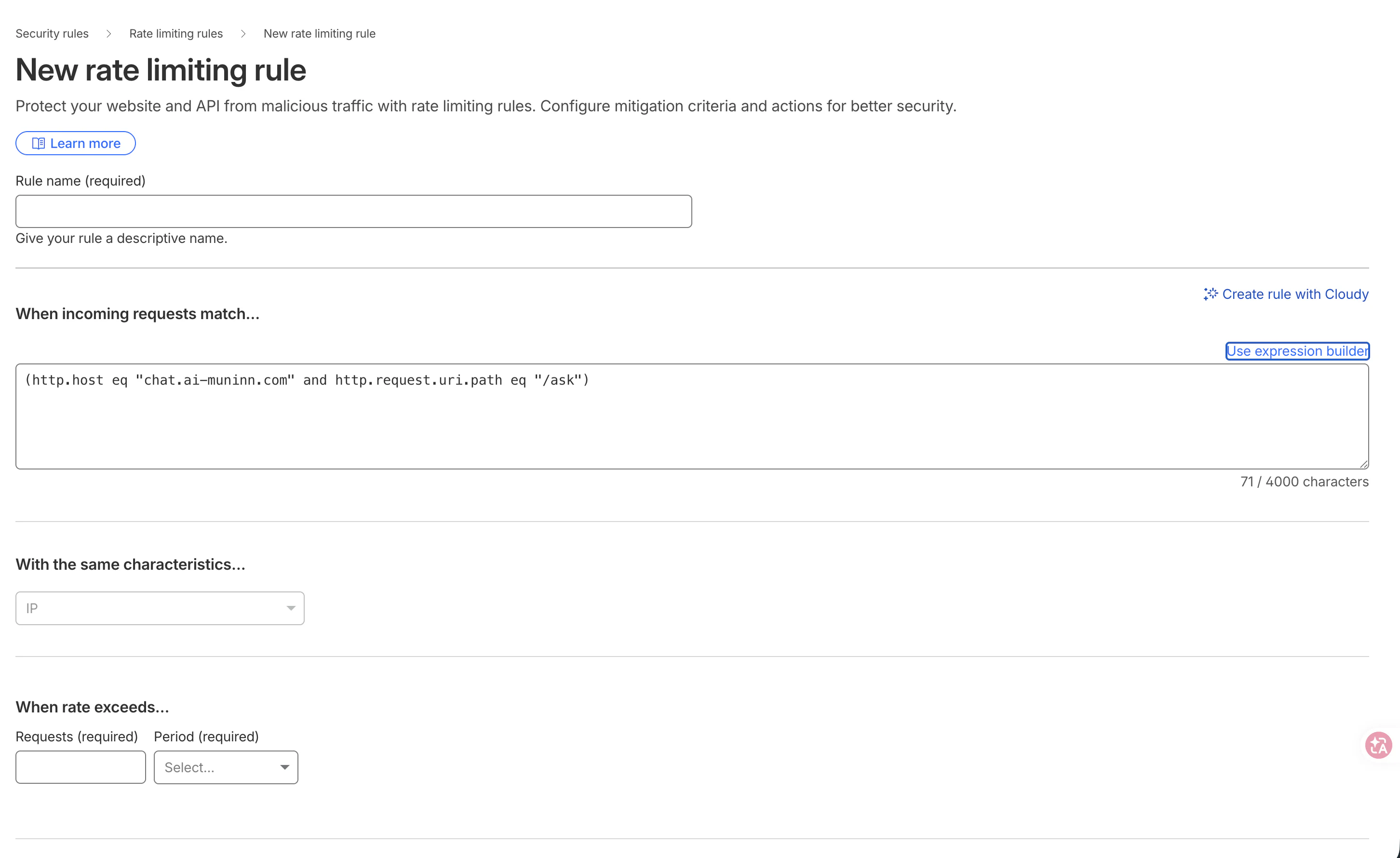The Cloudflare rate-limit rule in Edit expression mode, showing the raw expression matching http.host equals chat.ai-muninn.com and the URI path /ask