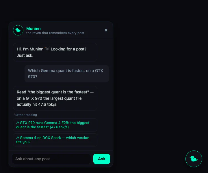 The Muninn bot widget — a small round raven avatar in a fixed corner panel, with an answer bubble linking to a blog article