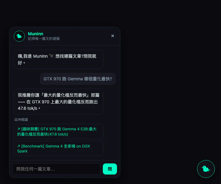 Muninn bot widget——固定在角落的小面板，有一個圓圓的渡鴉頭像，回答氣泡裡連到一篇部落格文章
