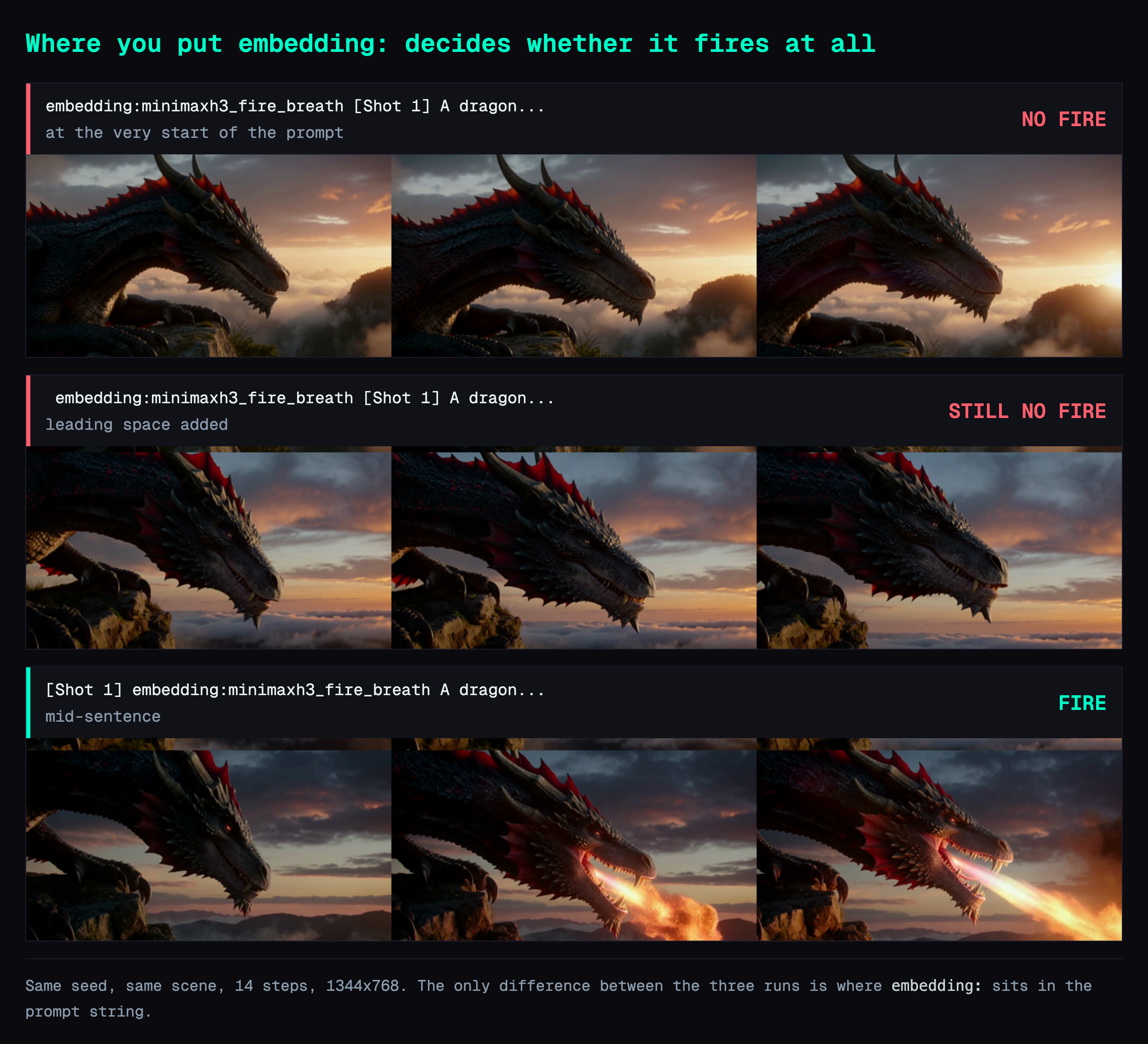 Three runs with identical seed and scene, differing only in where the embedding marker sits in the prompt: at the very front and with a leading space there is no fire, mid-sentence the dragon breathes fire