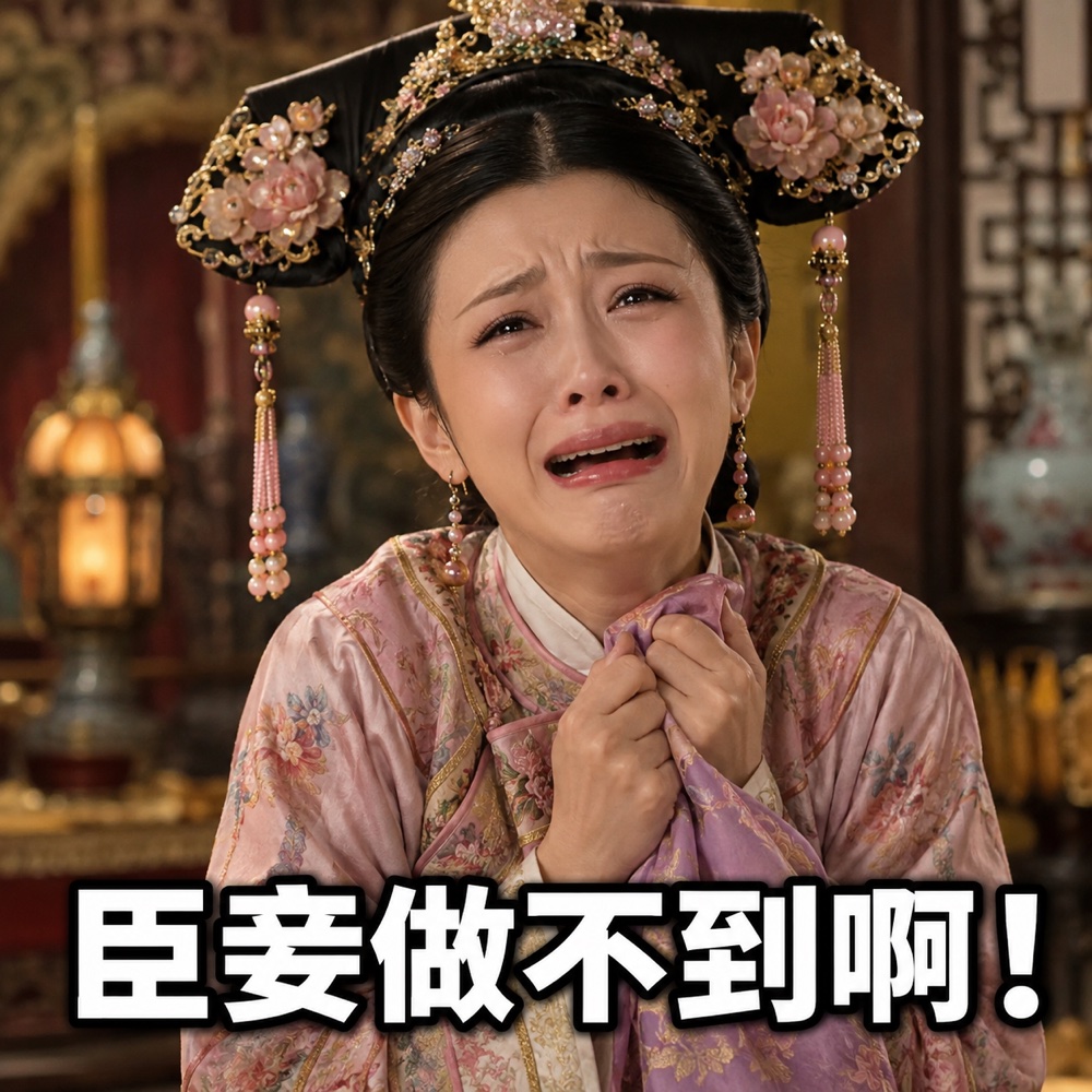 清宮劇造型的角色淚流滿面、雙手抓著衣襟，畫面下方的大字寫著「臣妾做不到啊！」
