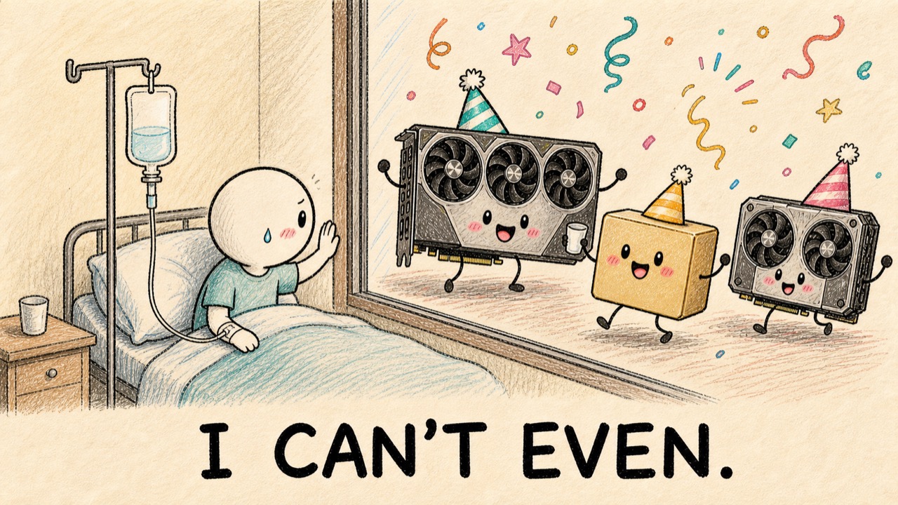 Hand-drawn illustration: a simple cartoon figure in a hospital gown with an IV in one arm, face pressed to the window, watching a party of graphics cards in party hats celebrating outside. Large handwritten caption reads "I CAN'T EVEN."
