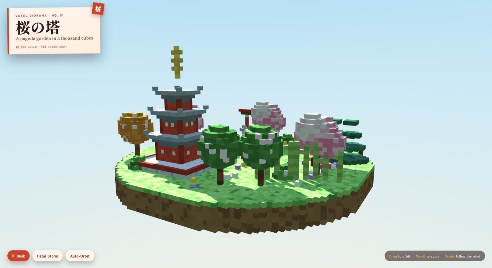 A floating voxel island rendered in the browser: a three-tier red pagoda with grey tiled eaves and a spire, a torii gate, cherry trees in bloom, all built from cubes against a blue sky.