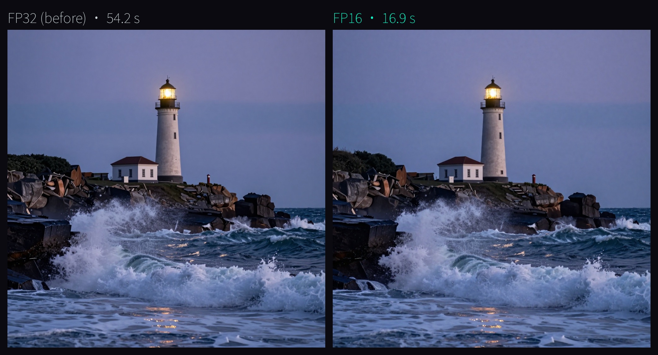 The same lighthouse prompt with the same seed from z-image: FP32 on the left, FP16 on the right; the two images are nearly identical