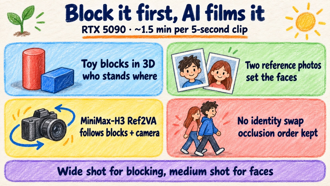 Hand-drawn cover: toy blocks in 3D set who stands where, two reference photos set the faces, MiniMax-H3 Ref2VA follows the blocks and the camera, no identity swap and occlusion order kept. Wide shot for blocking, medium shot for faces. RTX 5090, about 1.5 min per 5-second clip.