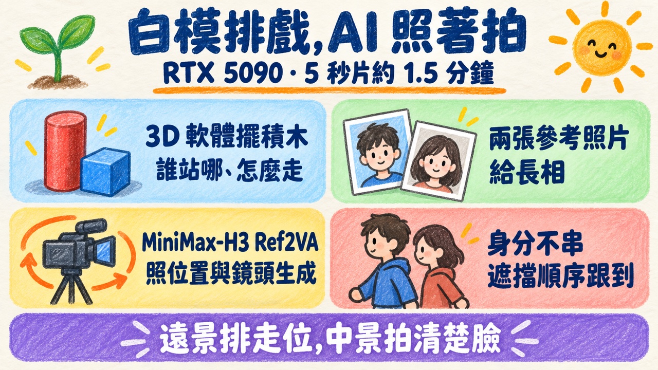 白模排戲，AI 照著拍：3D 軟體擺積木決定誰站哪，兩張參考照片給長相，MiniMax-H3 Ref2VA 照位置與鏡頭生成，RTX 5090 上 5 秒片約 1.5 分鐘
