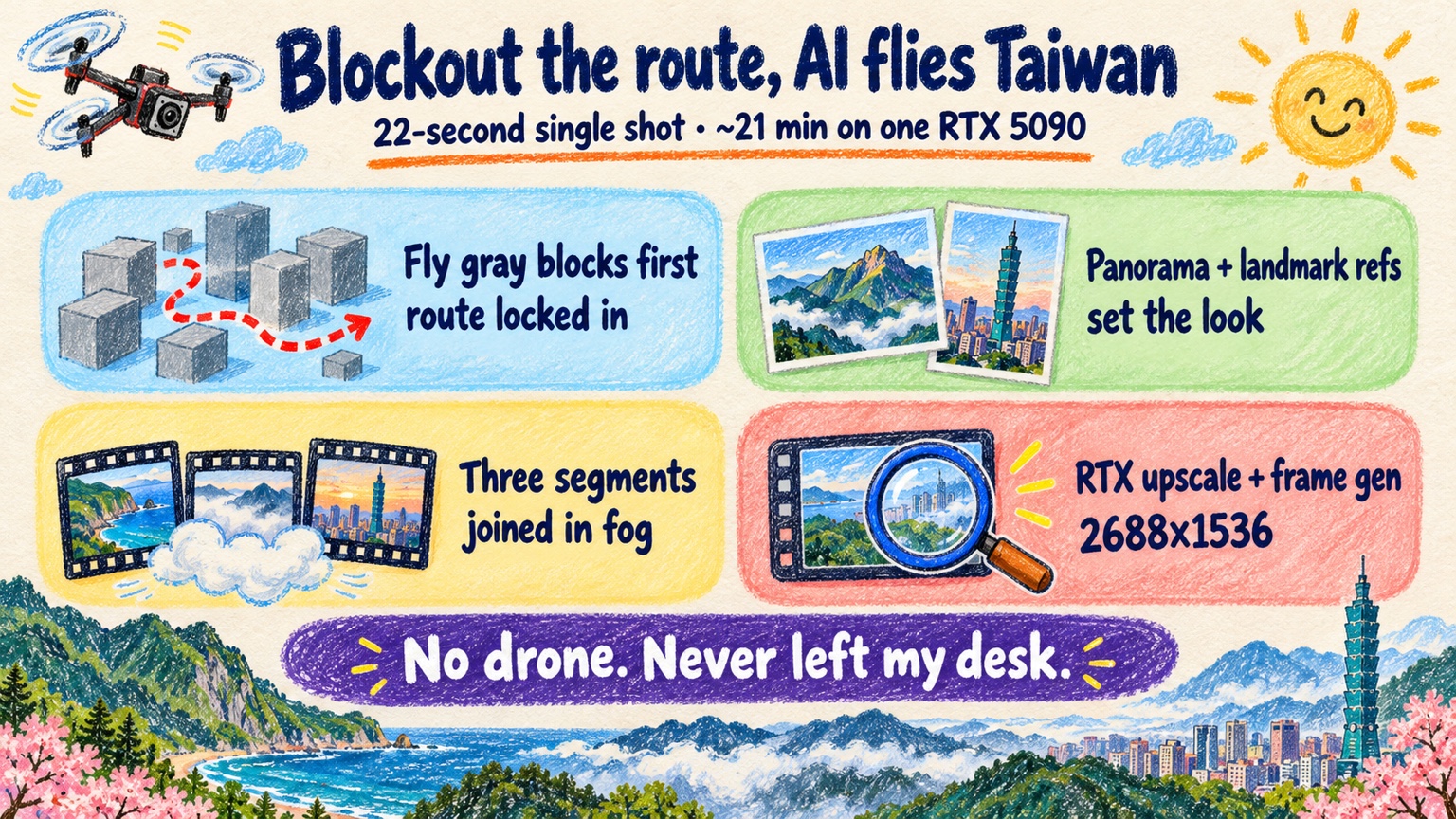 Blockout the route, AI flies Taiwan: fly gray blocks first, panorama and landmark references set the look, three segments joined in fog, RTX upscale and frame generation to 2688x1536, about 21 minutes on one RTX 5090 for a 22-second single shot