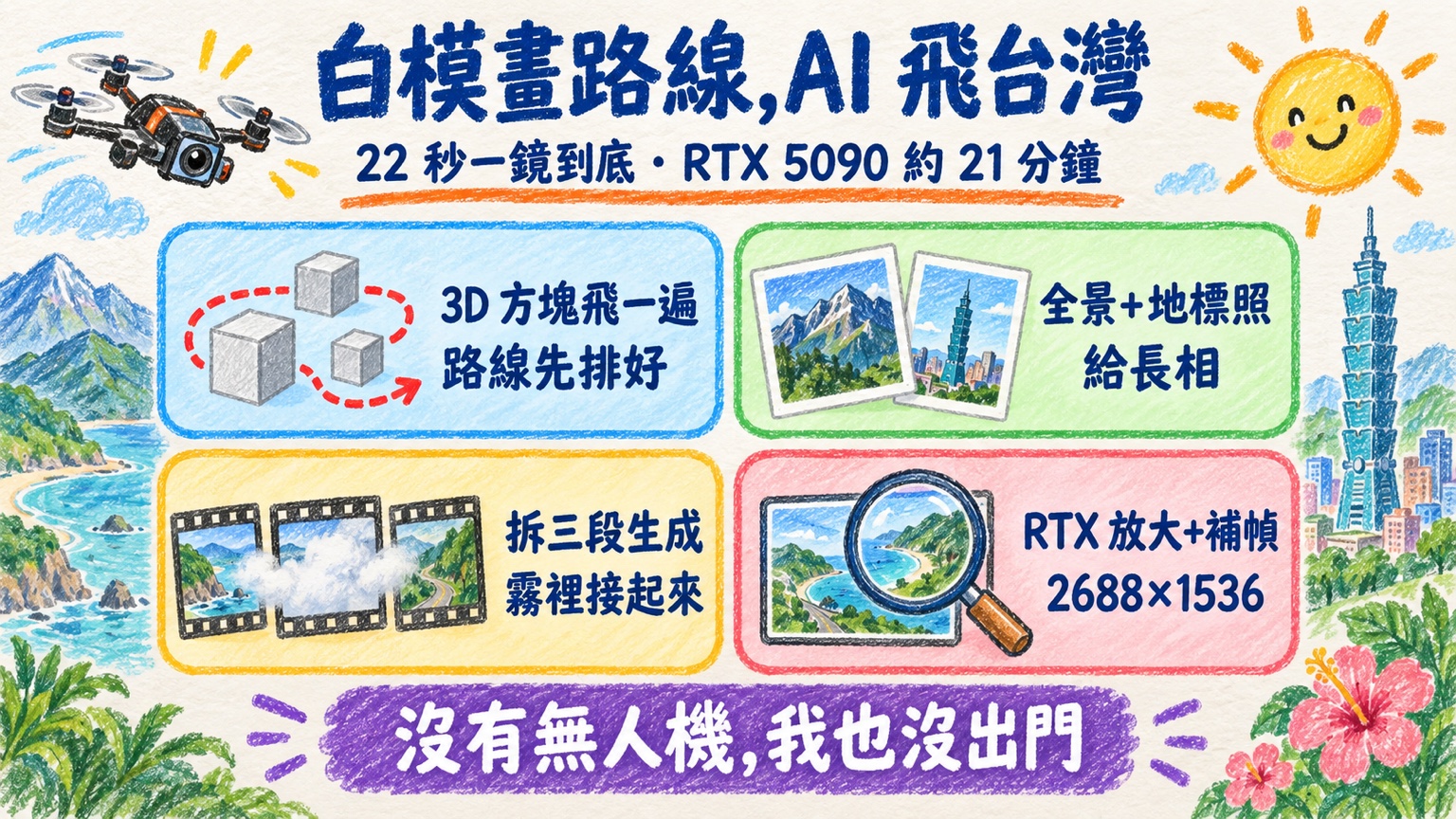 白模畫路線，AI 飛台灣：3D 方塊先把路線飛一遍，全景與地標照給長相，拆三段生成在霧裡接起來，RTX 放大與補幀到 2688×1536，RTX 5090 約 21 分鐘做完 22 秒一鏡到底