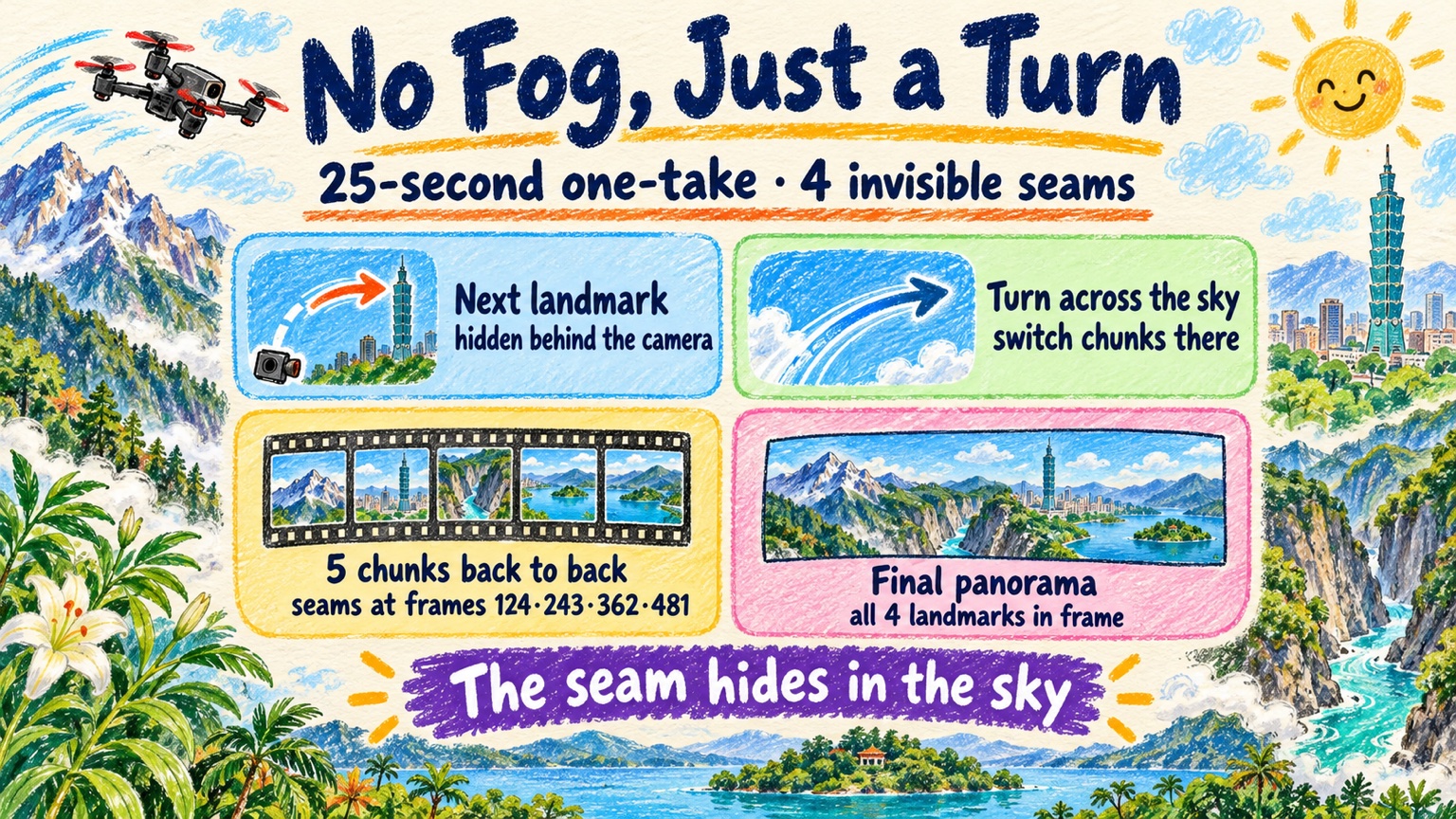 No fog, just a turn: the next landmark hides behind the camera, the chunk switch happens while the camera turns across the sky, five chunks chained into a 25-second one-take, and the final panorama shows all four landmarks