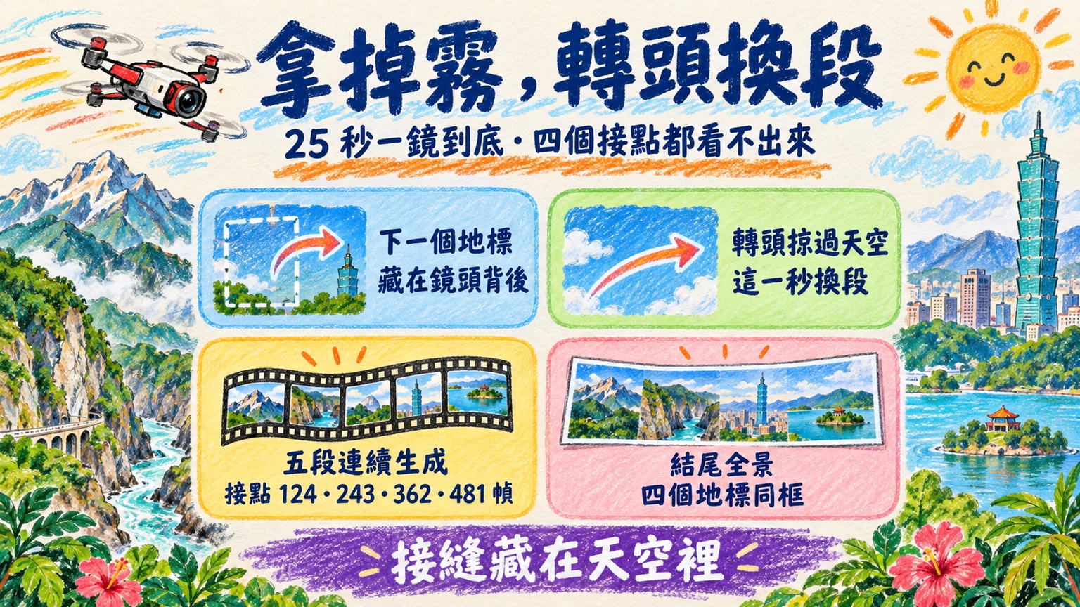 拿掉霧，轉頭換段：下一個地標藏在鏡頭背後，鏡頭轉頭掠過天空的那一秒換段，五段連續生成接成 25 秒一鏡到底，結尾全景四個地標同框，接縫藏在天空裡