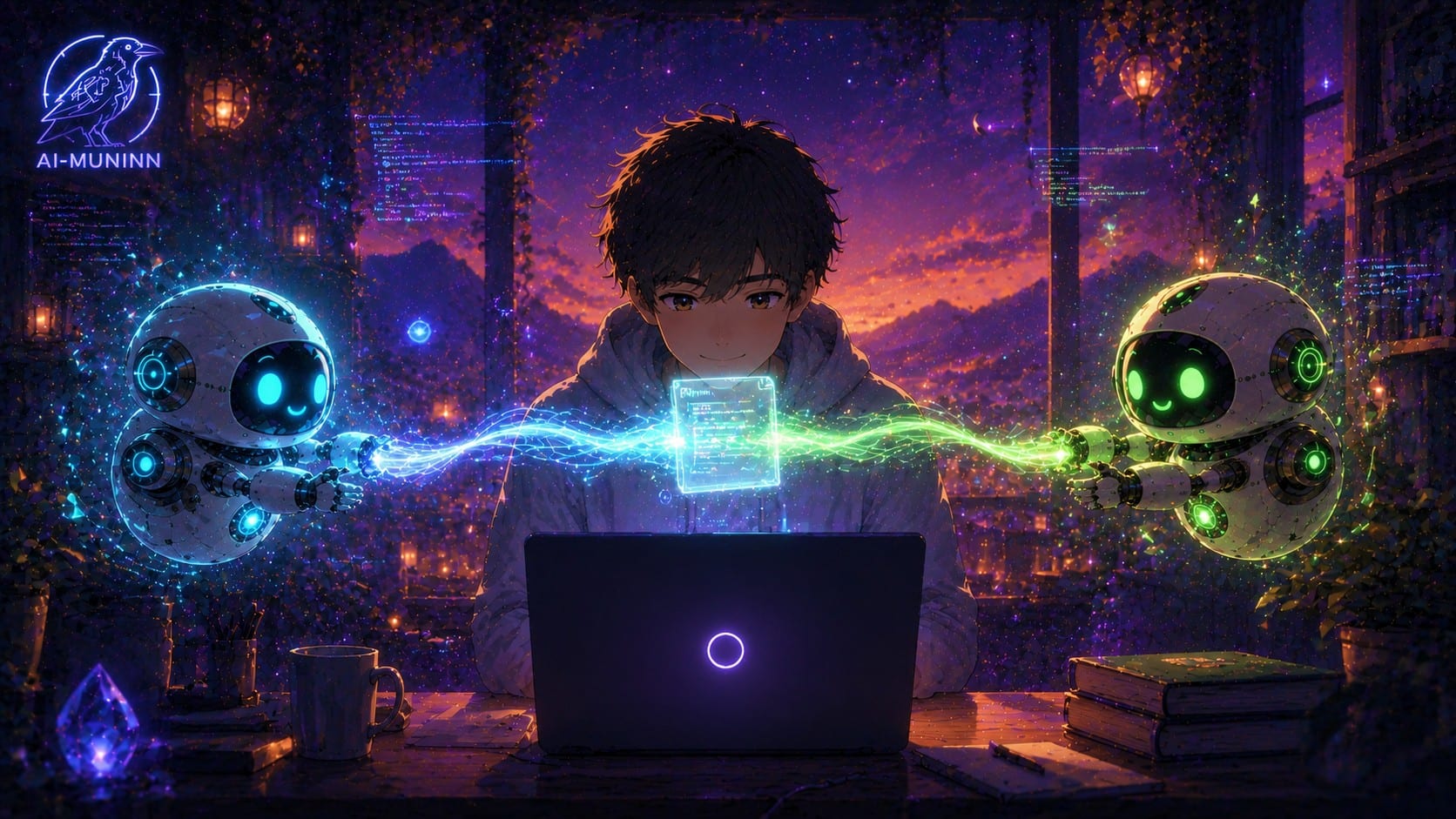 首圖:一個年輕開發者在發光的筆電前,把一份還在進行的任務在兩隻發光小機器人之間交接——左邊 cyan 色的 Claude Code、右邊 green 色的 Codex,一道光束把發光的 handoff 檔在兩者之間傳遞,黃昏藍紫光暈。AI-MUNINN。