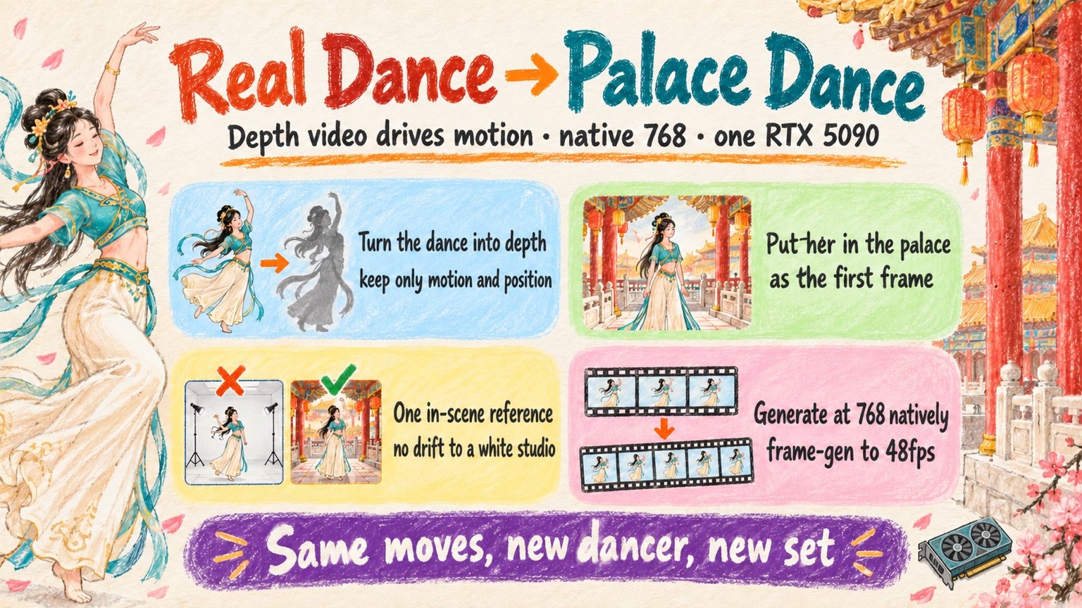 A real dance clip becomes a grey depth video, which drives MiniMax-H3 to restage the same routine with a new character in a palace, generated natively at 768 by 1376 on one RTX 5090