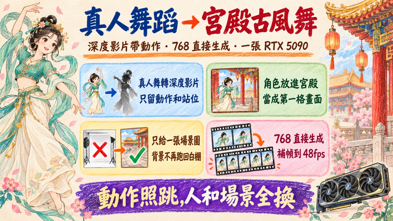 真人舞蹈轉成宮殿古風舞：真人舞轉深度影片只留動作和站位，角色放進宮殿當第一格，只給一張場景圖背景不再跑回白棚，768 直接生成再補幀到 48fps，動作照跳、人和場景全換