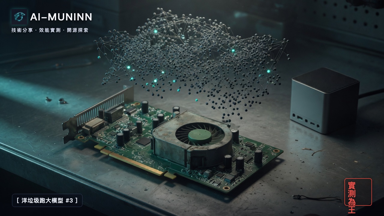 Cover: a single modded RTX 2080 Ti on an open junk-rig bench, dwarfed by a translucent 284-billion-node lattice above it where only six nodes glow teal. Beside it a small silver DGX Spark sits dark. DeepSeek-V4-Flash on one old card. AI-MUNINN.