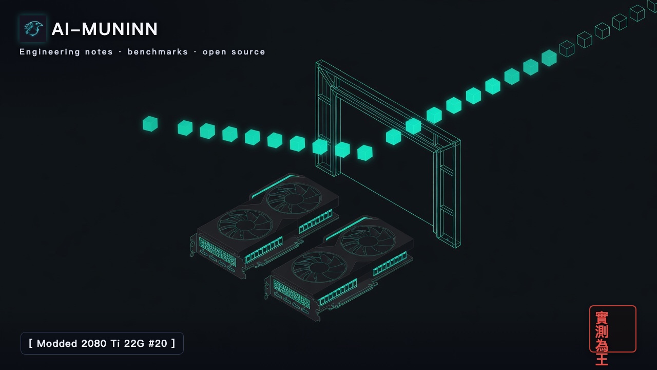 Modded 2080 Ti 22G series #20 cover: isometric technical illustration of two dual-fan graphics cards side by side next to a teal wireframe gate, with a row of glowing cubes passing through the gate and streaming off to the upper right