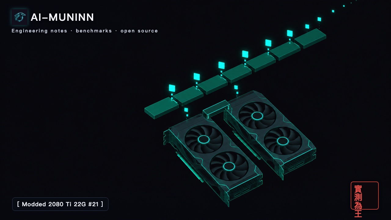 Modded 2080 Ti 22G series #21 cover: two dual-fan graphics cards side by side, with a long glowing data ribbon cut into segments and small blocks slipping through the gaps between them