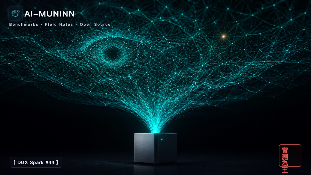 DGX Spark series #44 cover: a small silver desktop supercomputer with a vast translucent neural lattice being funnelled down into it, an eye-like iris faintly formed within the lattice.