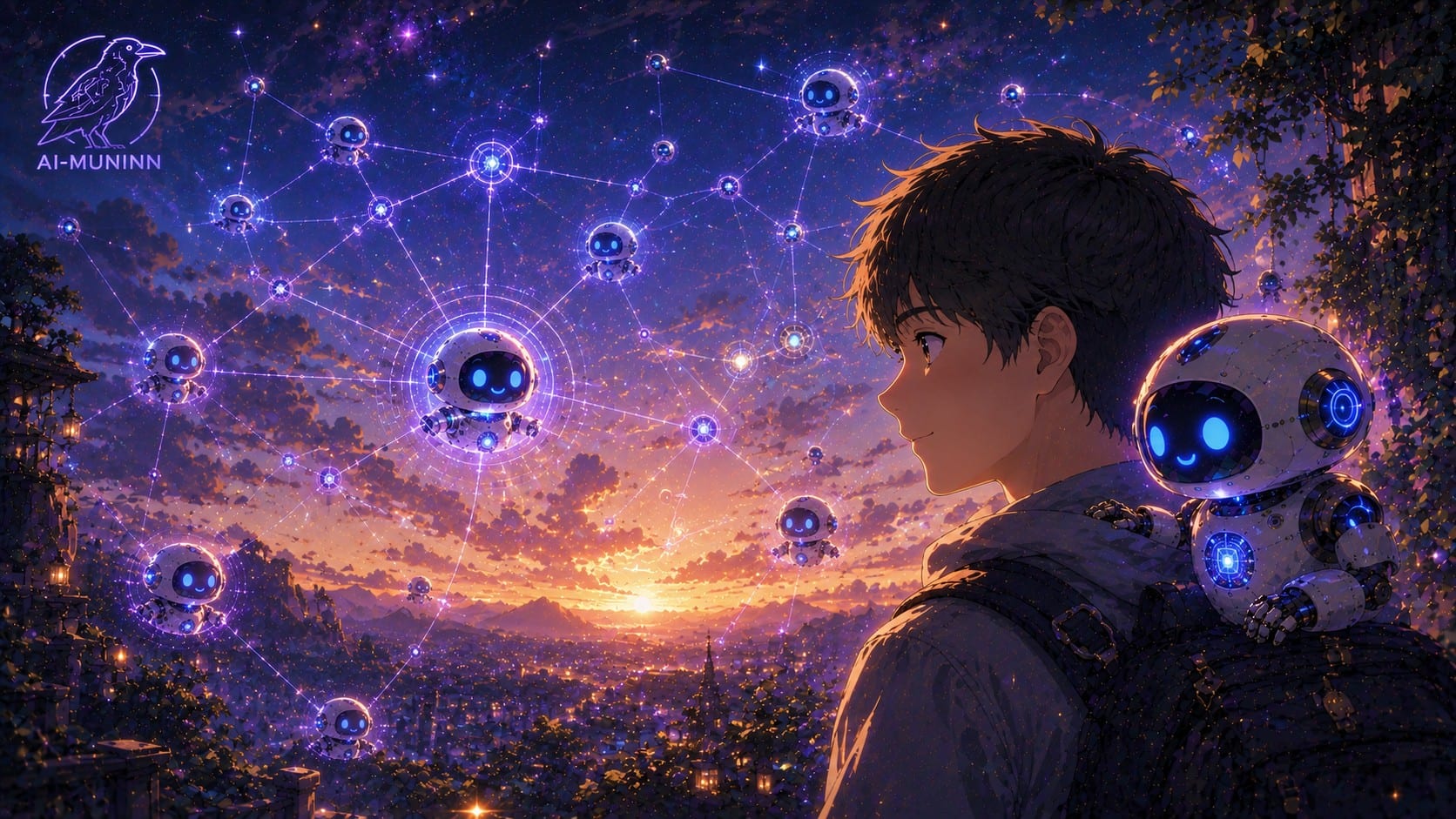 Hermes complete-guide cover: a boy in profile gazes at a blue-purple dusk sky; a small glowing white-and-blue robot rides his shoulder while a constellation of identical robots links up across the sky — a whole self-hosted agent fleet, and a map tying the series together. AI-MUNINN raven logo, top left.