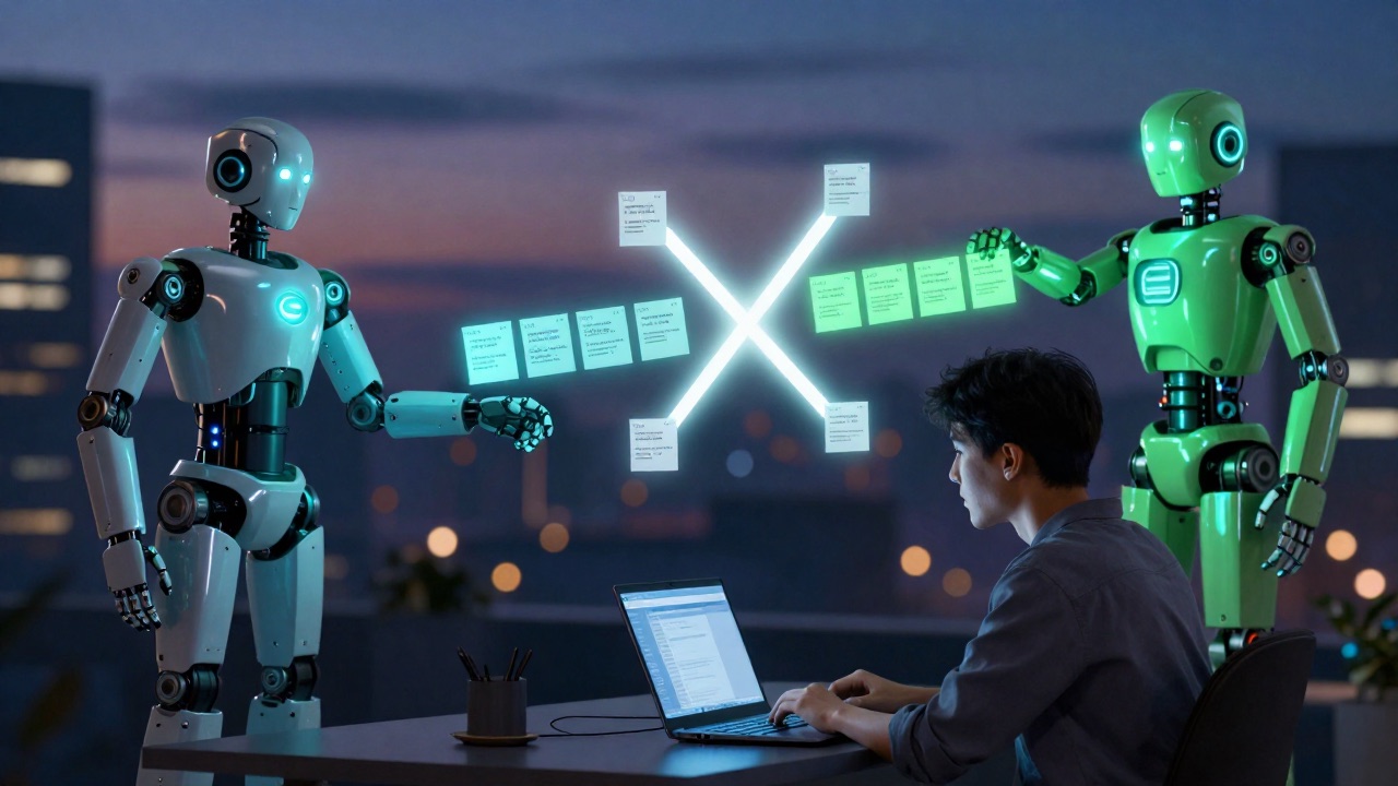 Cover: a young developer in profile at a glowing laptop at dusk; two axes of light cross in front of them — one a horizontal stream of markdown note-cards (knowledge), one a vertical stream of task/handoff files passing between a cyan Claude robot and a green Codex robot (live state) — meeting at a single bright node. AI-MUNINN.