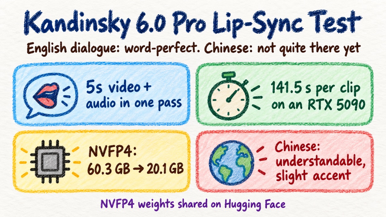 Kandinsky 6.0 Pro on an RTX 5090: lip-synced English dialogue is word-perfect, Chinese is accented, 141.5 s per clip with NVFP4