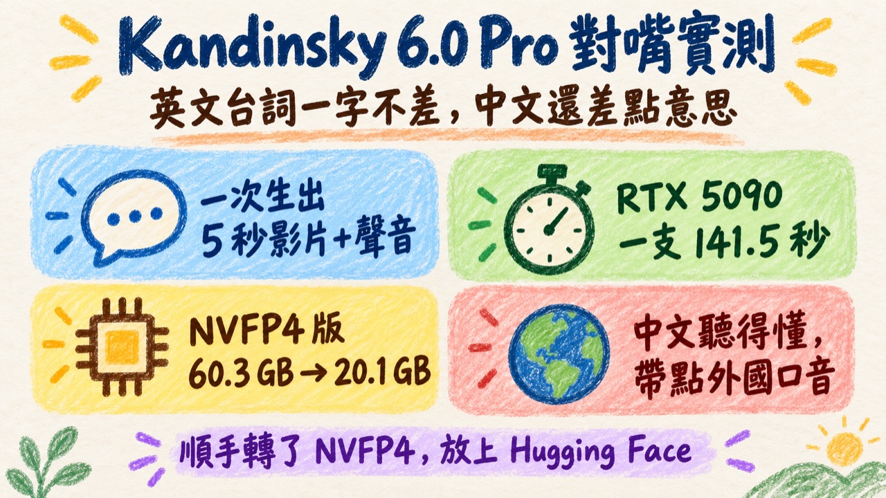 Kandinsky 6.0 Pro 對嘴實測資訊卡：一次生出 5 秒影片加聲音，RTX 5090 一支 141.5 秒，NVFP4 版 60.3 GB 到 20.1 GB，中文聽得懂、帶點外國口音