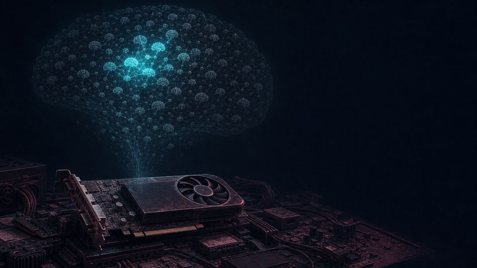 Cover: a vintage graphics card on a junk-rig motherboard, with a huge translucent brain of expert-nodes above it — most dim and dormant, only a small cluster lit bright teal, the way a 118B Mixture-of-Experts wakes only ~8B per token. Laguna S 2.1 on one 2080 Ti. AI-MUNINN.