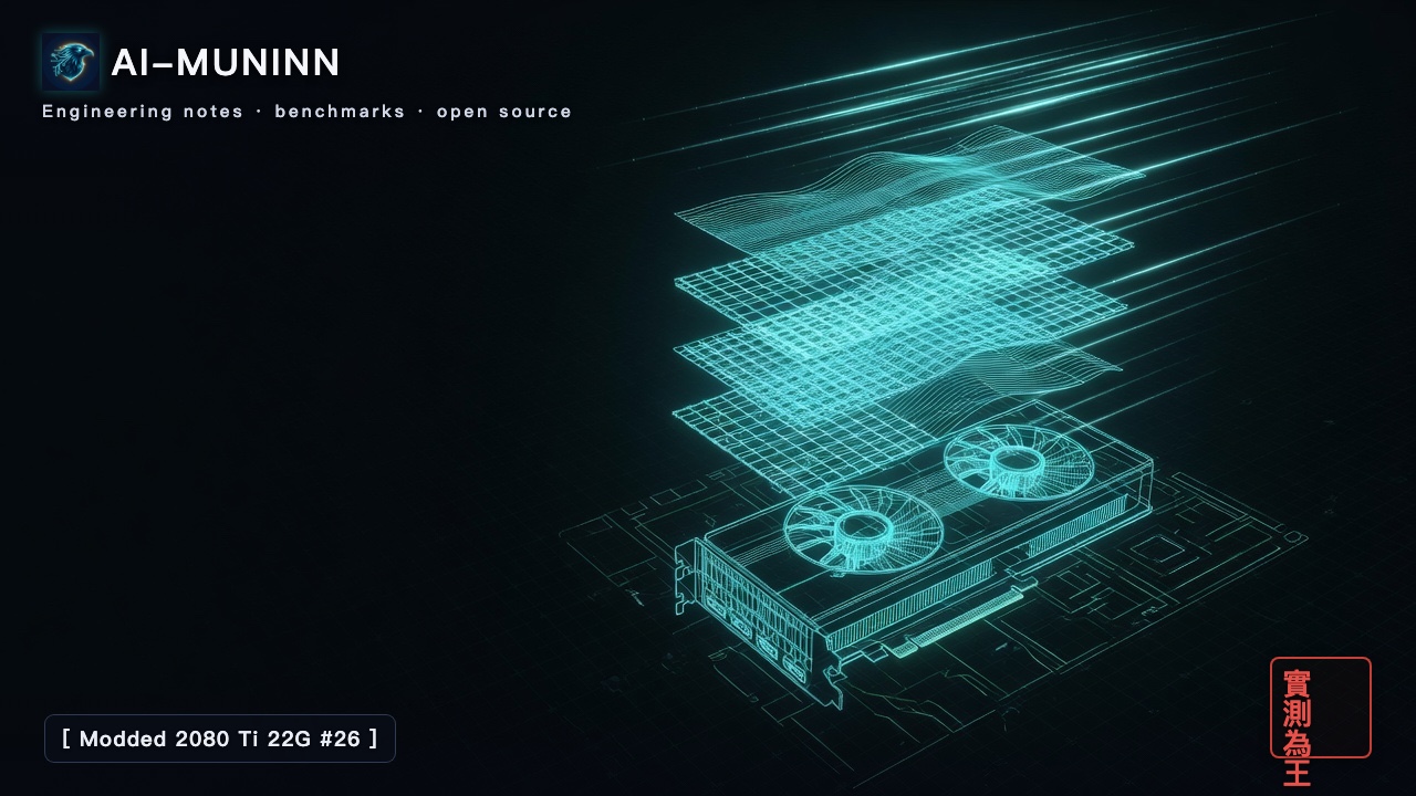 Modded 2080 Ti 22G series #26 cover: a stack of wireframe layers above a graphics card, mostly wavy convolution layers with a grid-like attention layer every few levels, with streaks of light shooting up from the top